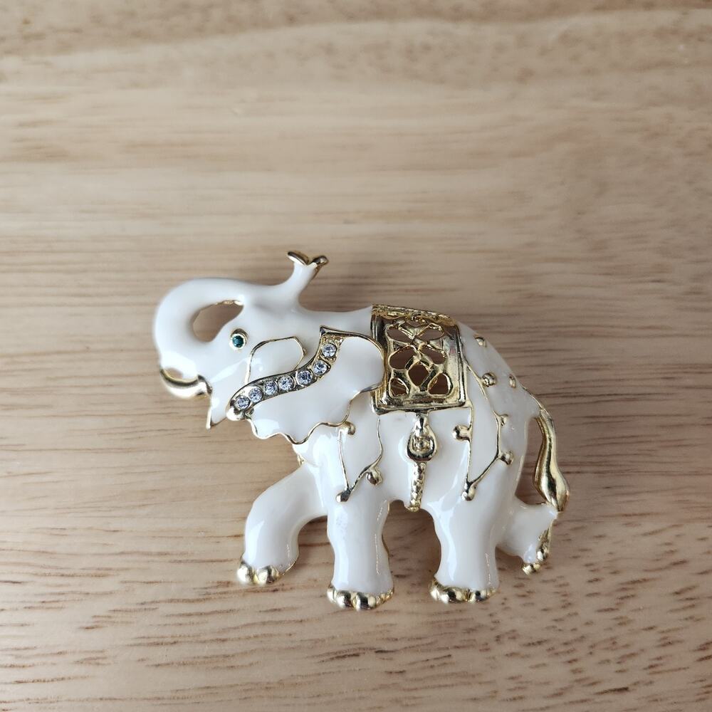 Vtg Enamel Ivory Elephant Brooch With Crystals Rhinestones Trunk Up Ornate Pin